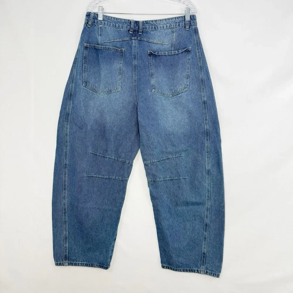 Women’s Blue Denim Barrel Leg Jeans Size 12 High Rise Wide Leg Trendy - Picture 4 of 16